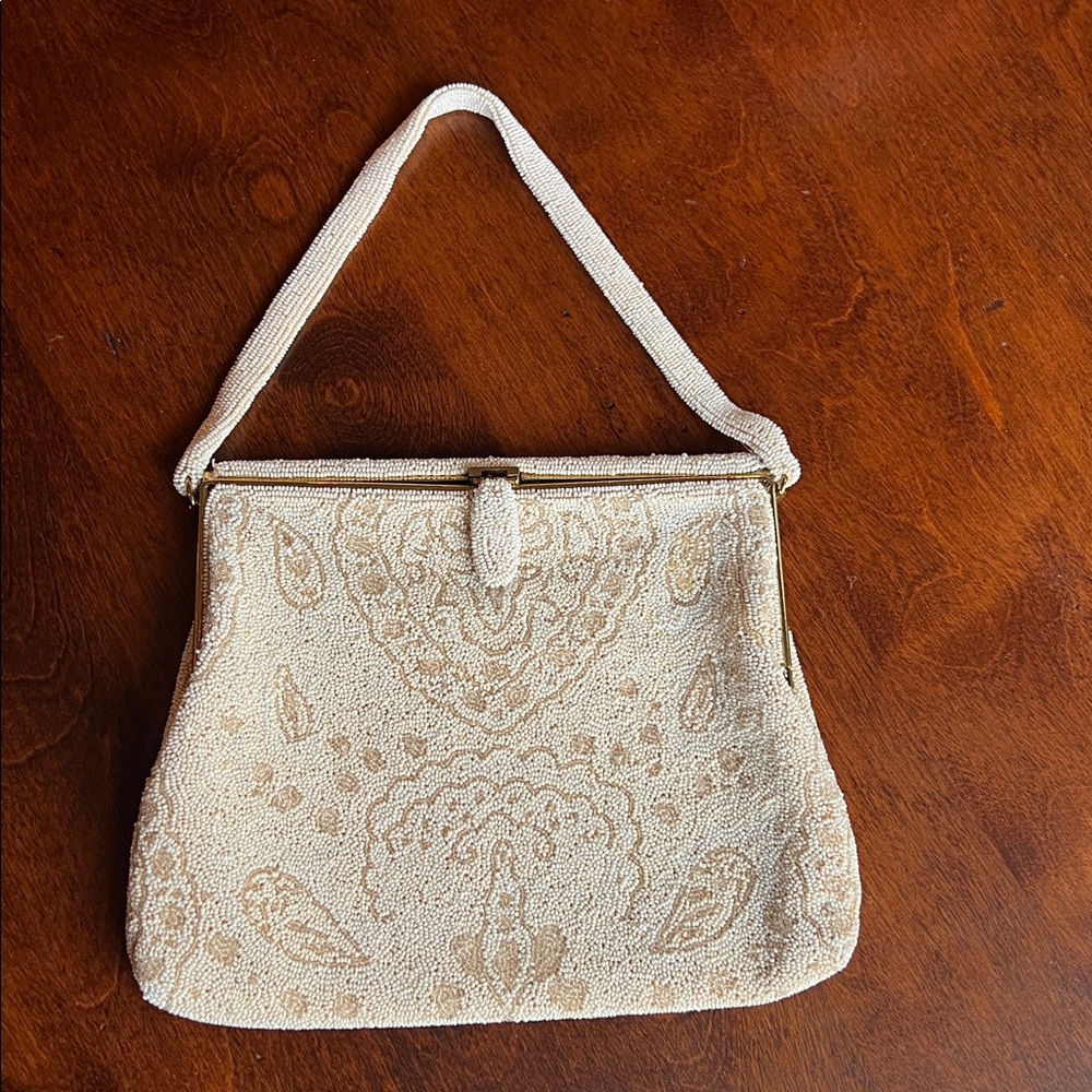 Vintage Intricately Beaded Evening Bag Cream Beige Gold Seed Bead Paisley Bird - Picture 8 of 16